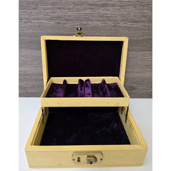 Vintage Jewelry Box Yellow Case With Purple Velvet Lining Small Storage - Picture 1 of 11